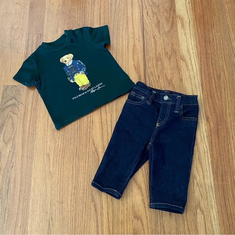 Ralph Lauren Green Bear Graphic Tee and Dark Jeans Set